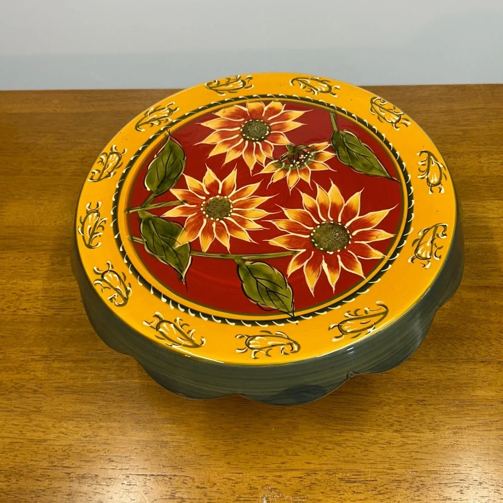Pier 1 Imports Sunflower Hand Painted Terracotta Cake Stand Pedestal Server